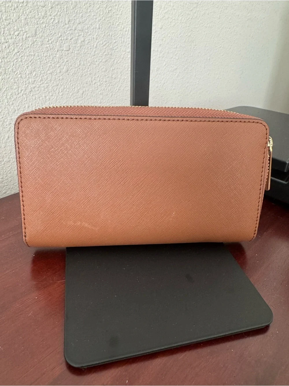 Michael Kors Cognac Brown Saffiano Zip Wallet with Gold Hardware
